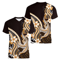 Orange Black Aloha Hawaii Women V-Neck T-Shirt Polynesian Shark Tattoo Plumeria LT14 - Polynesian Pride