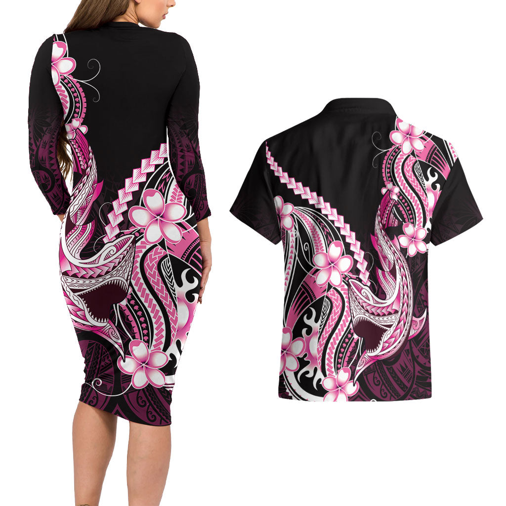 Pink Black Aloha Hawaii Couples Matching Long Sleeve Bodycon Dress and Hawaiian Shirt Polynesian Shark Tattoo Plumeria LT14 - Polynesian Pride
