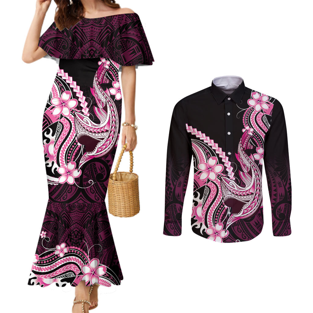 Pink Black Aloha Hawaii Couples Matching Mermaid Dress and Long Sleeve Button Shirt Polynesian Shark Tattoo Plumeria LT14 Pink - Polynesian Pride