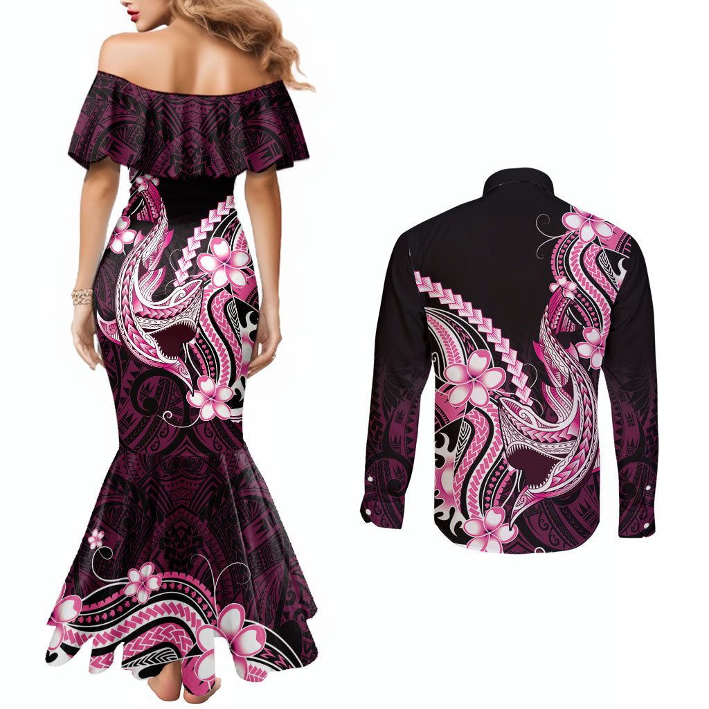 Pink Black Aloha Hawaii Couples Matching Mermaid Dress and Long Sleeve Button Shirt Polynesian Shark Tattoo Plumeria LT14 - Polynesian Pride