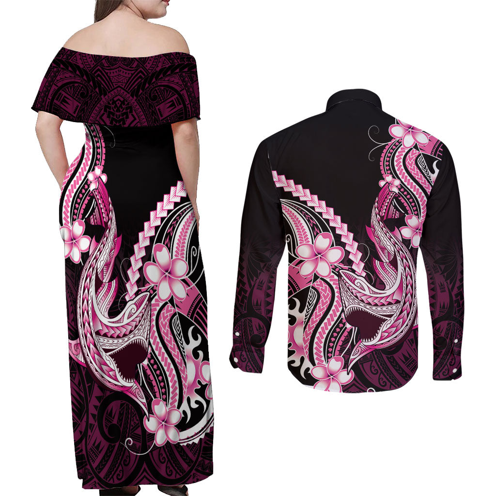 Pink Black Aloha Hawaii Couples Matching Off Shoulder Maxi Dress and Long Sleeve Button Shirt Polynesian Shark Tattoo Plumeria LT14 - Polynesian Pride