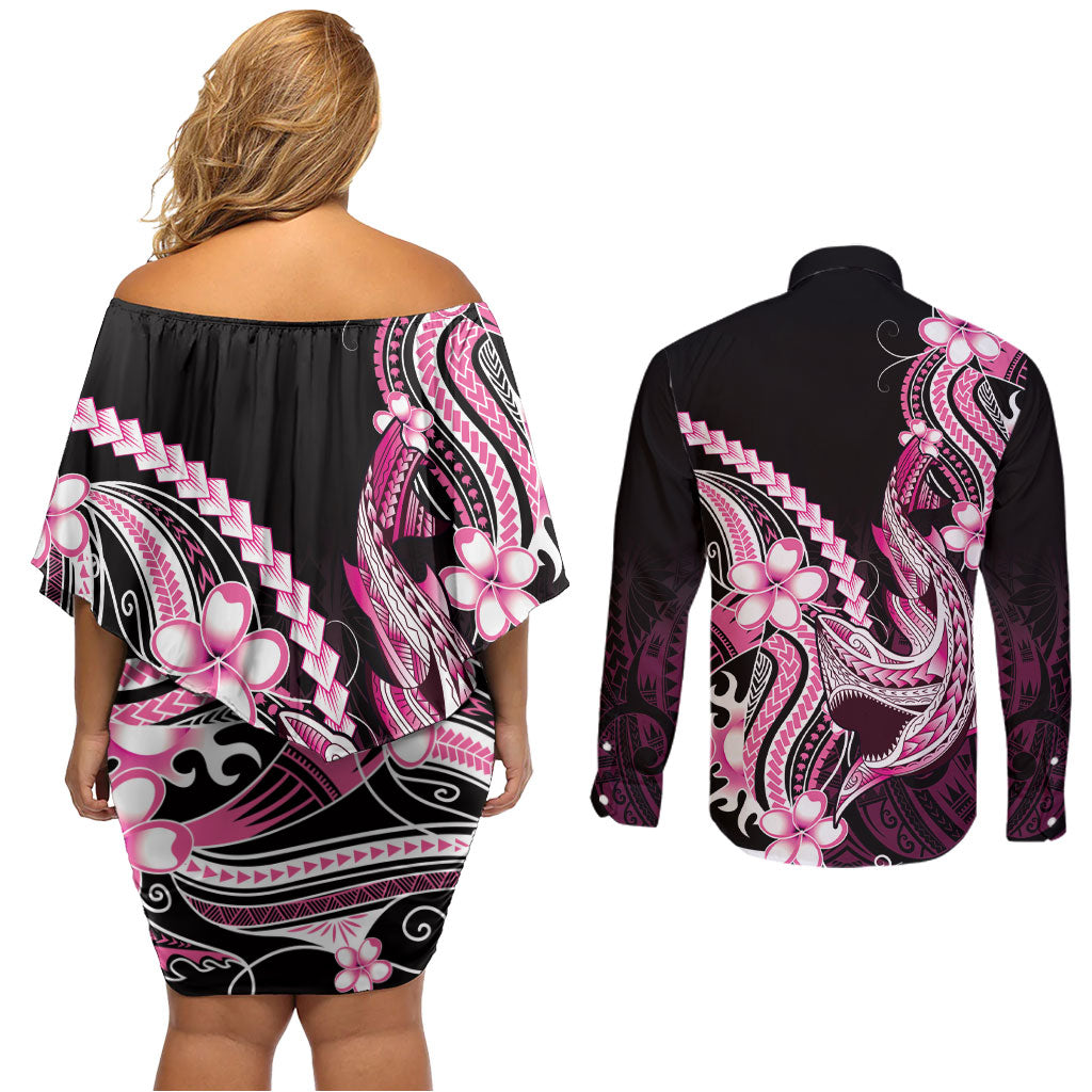 Pink Black Aloha Hawaii Couples Matching Off Shoulder Short Dress and Long Sleeve Button Shirt Polynesian Shark Tattoo Plumeria LT14 - Polynesian Pride