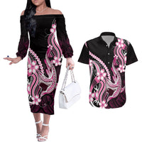 Pink Black Aloha Hawaii Couples Matching Off The Shoulder Long Sleeve Dress and Hawaiian Shirt Polynesian Shark Tattoo Plumeria LT14 Pink - Polynesian Pride