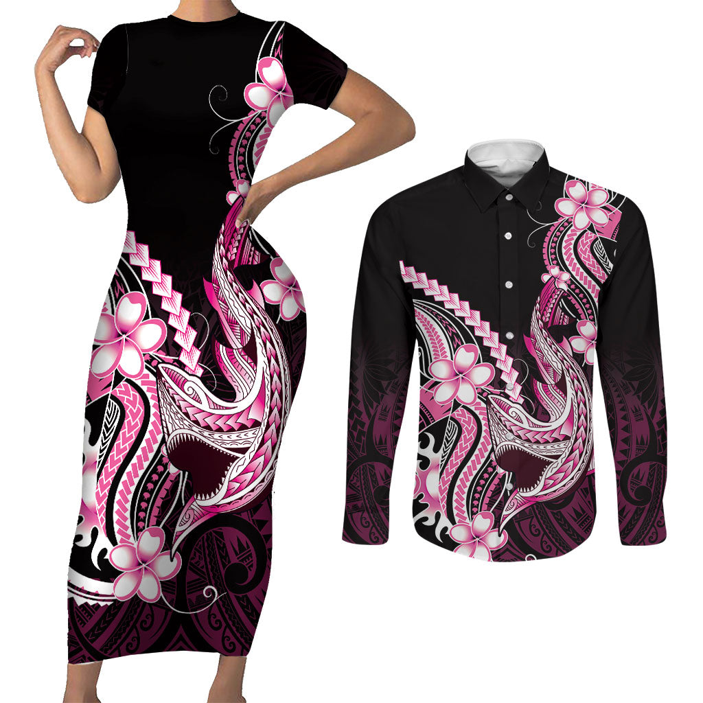 Pink Black Aloha Hawaii Couples Matching Short Sleeve Bodycon Dress and Long Sleeve Button Shirt Polynesian Shark Tattoo Plumeria