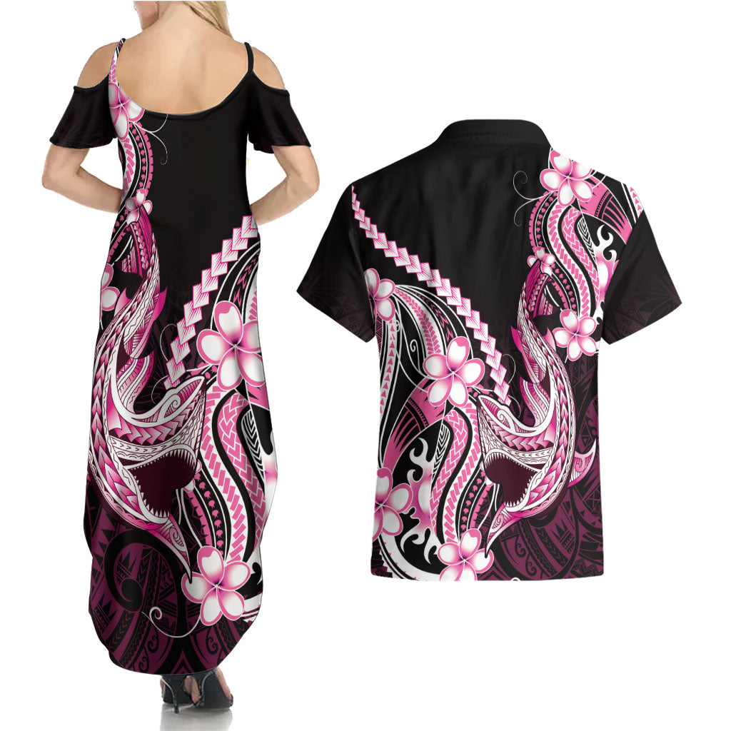 Pink Black Aloha Hawaii Couples Matching Summer Maxi Dress and Hawaiian Shirt Polynesian Shark Tattoo Plumeria LT14 - Polynesian Pride