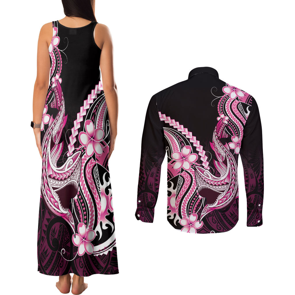 Pink Black Aloha Hawaii Couples Matching Tank Maxi Dress and Long Sleeve Button Shirt Polynesian Shark Tattoo Plumeria LT14 - Polynesian Pride