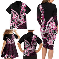 Pink Black Aloha Hawaii Family Matching Long Sleeve Bodycon Dress and Hawaiian Shirt Polynesian Shark Tattoo Plumeria LT14 - Polynesian Pride