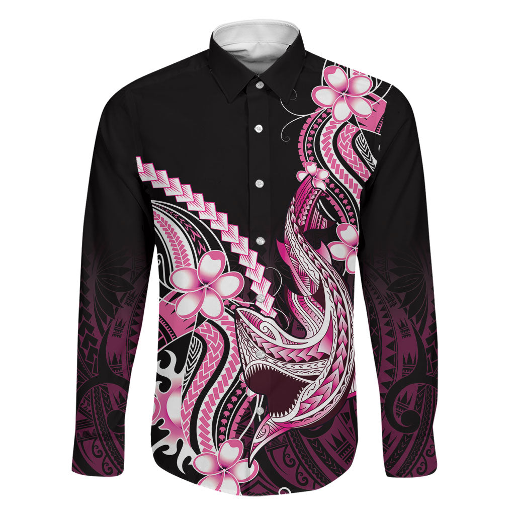 Pink Black Aloha Hawaii Family Matching Long Sleeve Bodycon Dress and Hawaiian Shirt Polynesian Shark Tattoo Plumeria LT14 Dad's Shirt - Long Sleeve Pink - Polynesian Pride