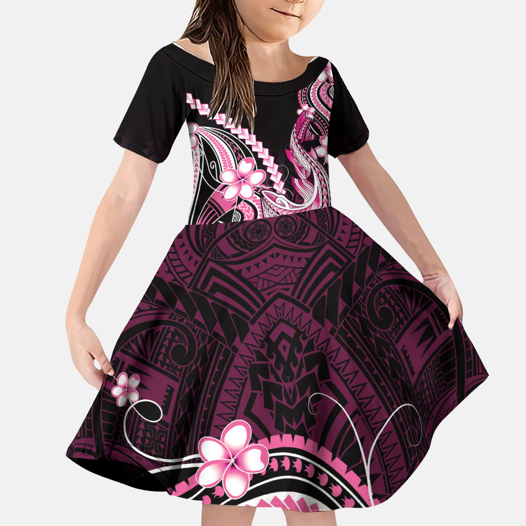 Pink Black Aloha Hawaii Family Matching Mermaid Dress and Hawaiian Shirt Polynesian Shark Tattoo Plumeria LT14 Daughter's Dress Pink - Polynesian Pride