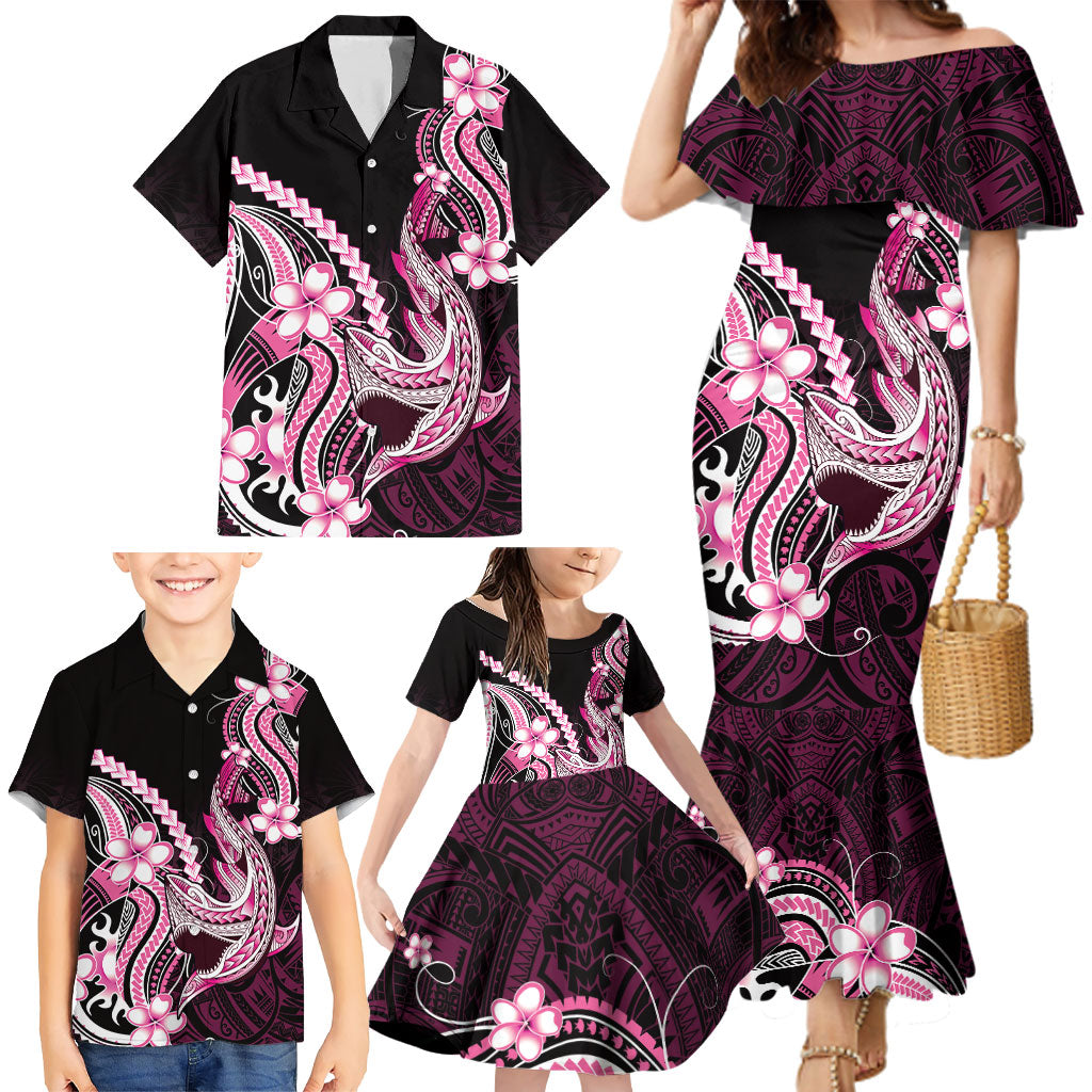 Pink Black Aloha Hawaii Family Matching Mermaid Dress and Hawaiian Shirt Polynesian Shark Tattoo Plumeria
