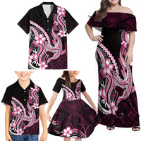 Pink Black Aloha Hawaii Family Matching Off Shoulder Maxi Dress and Hawaiian Shirt Polynesian Shark Tattoo Plumeria LT14 - Polynesian Pride
