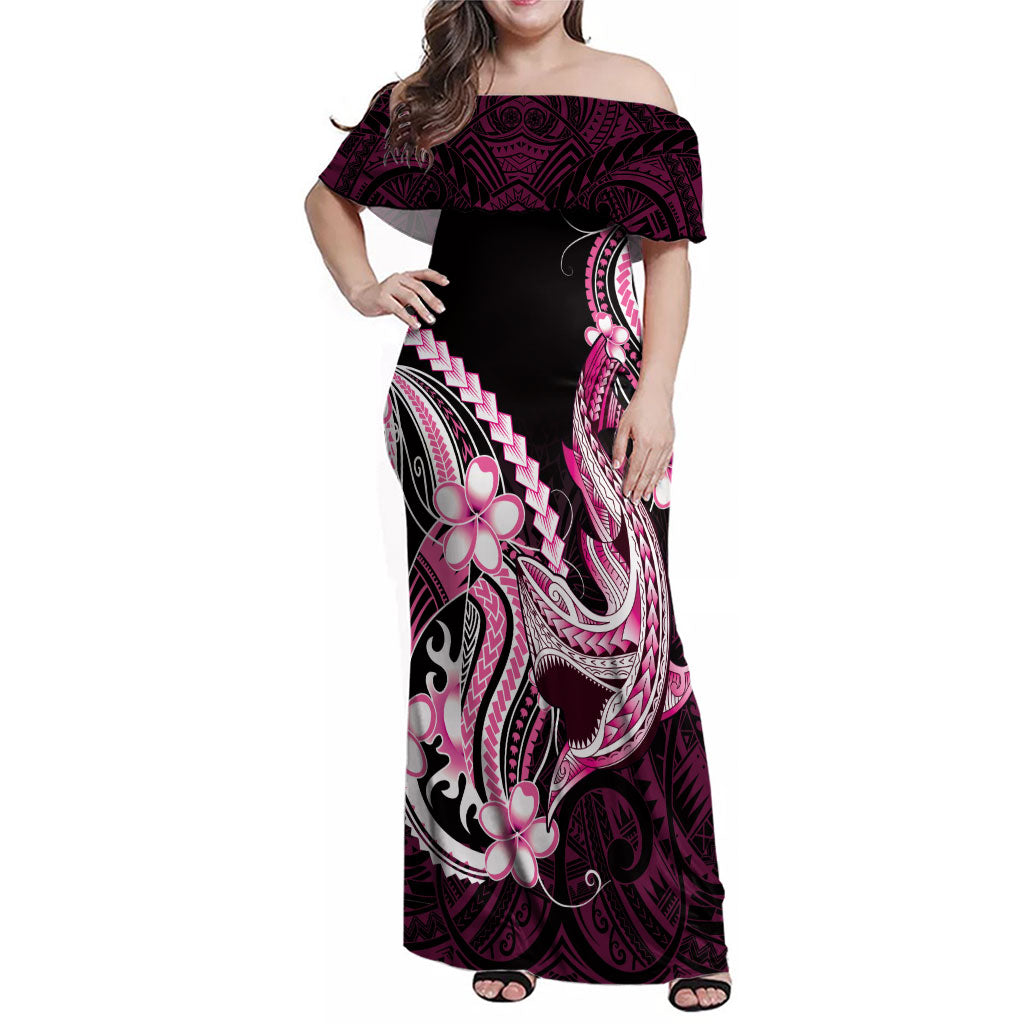 Pink Black Aloha Hawaii Family Matching Off Shoulder Maxi Dress and Hawaiian Shirt Polynesian Shark Tattoo Plumeria LT14 Mom's Dress Pink - Polynesian Pride
