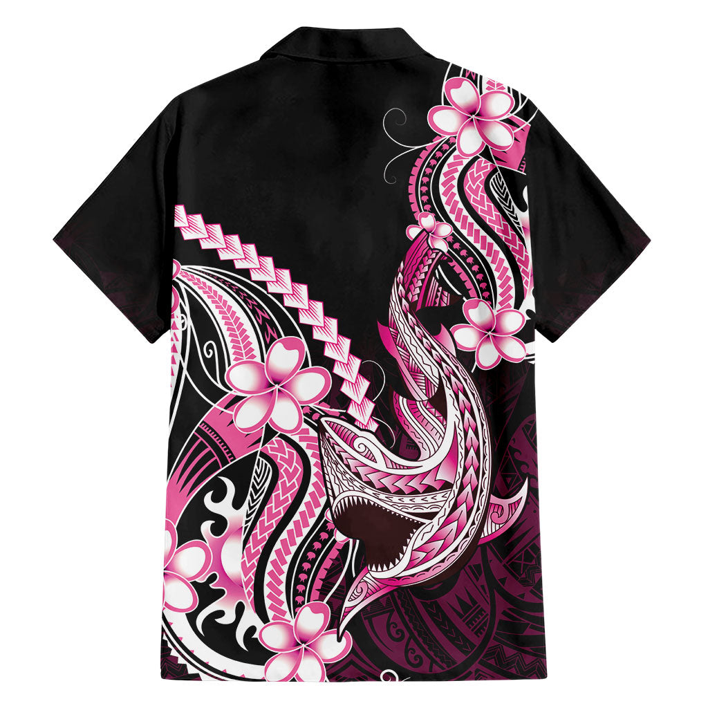 Pink Black Aloha Hawaii Family Matching Off Shoulder Short Dress and Hawaiian Shirt Polynesian Shark Tattoo Plumeria LT14 - Polynesian Pride