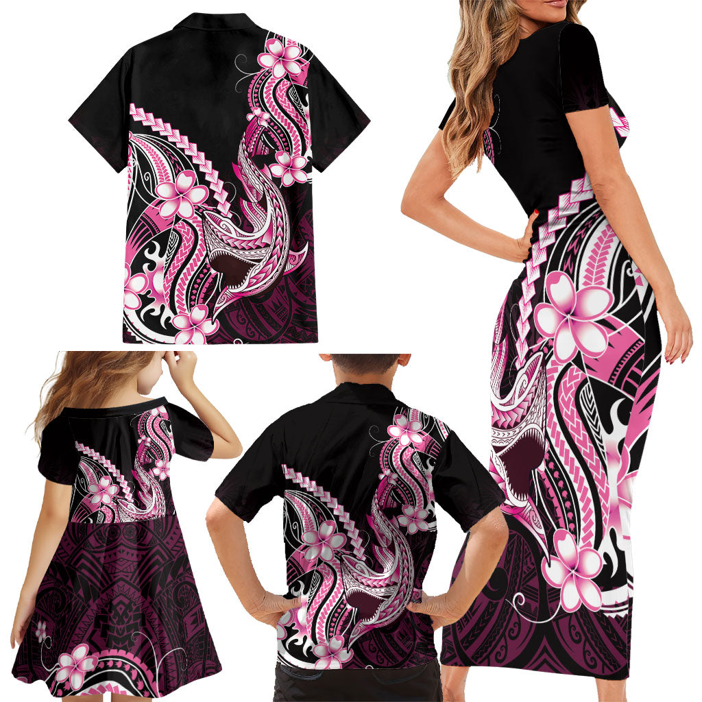 Pink Black Aloha Hawaii Family Matching Short Sleeve Bodycon Dress and Hawaiian Shirt Polynesian Shark Tattoo Plumeria LT14 - Polynesian Pride
