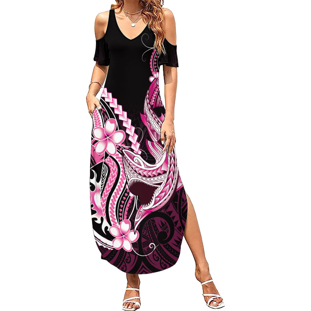 Pink Black Aloha Hawaii Family Matching Summer Maxi Dress and Hawaiian Shirt Polynesian Shark Tattoo Plumeria LT14 Mom's Dress Pink - Polynesian Pride