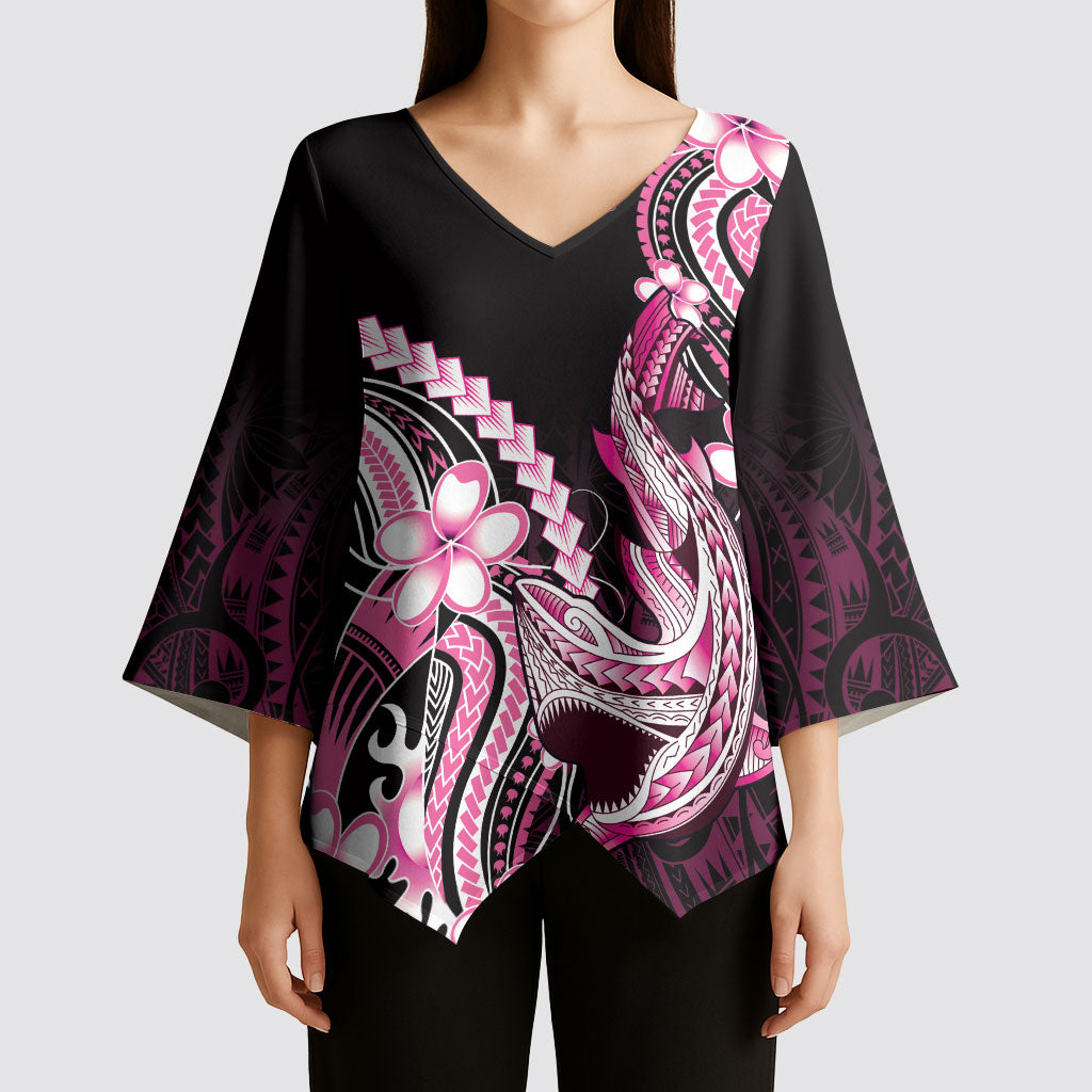 Pink Black Aloha Hawaii Kimono Sleeve Blouse Polynesian Shark Tattoo Plumeria