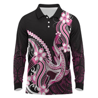 Pink Black Aloha Hawaii Long Sleeve Polo Shirt Polynesian Shark Tattoo Plumeria LT14 Pink - Polynesian Pride