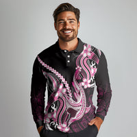 Pink Black Aloha Hawaii Long Sleeve Polo Shirt Polynesian Shark Tattoo Plumeria LT14 - Polynesian Pride