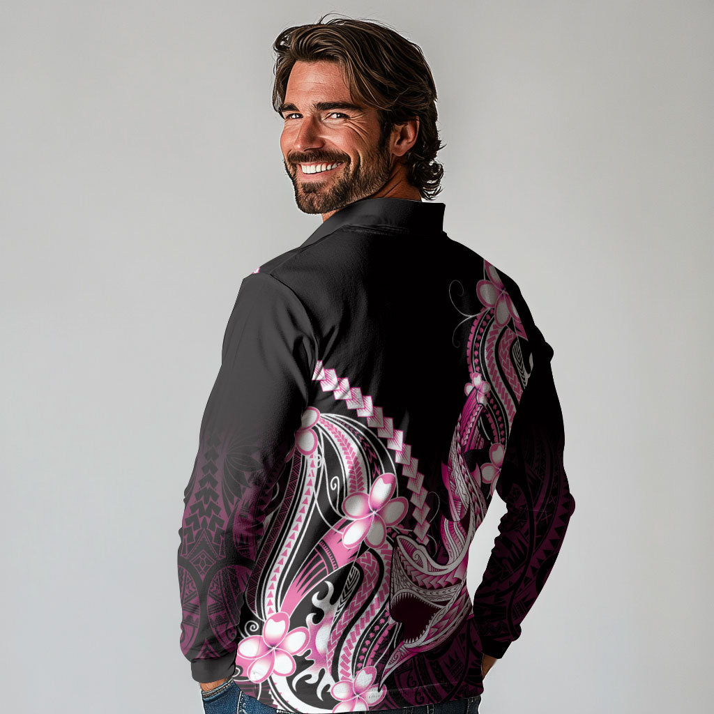 Pink Black Aloha Hawaii Long Sleeve Polo Shirt Polynesian Shark Tattoo Plumeria LT14 - Polynesian Pride