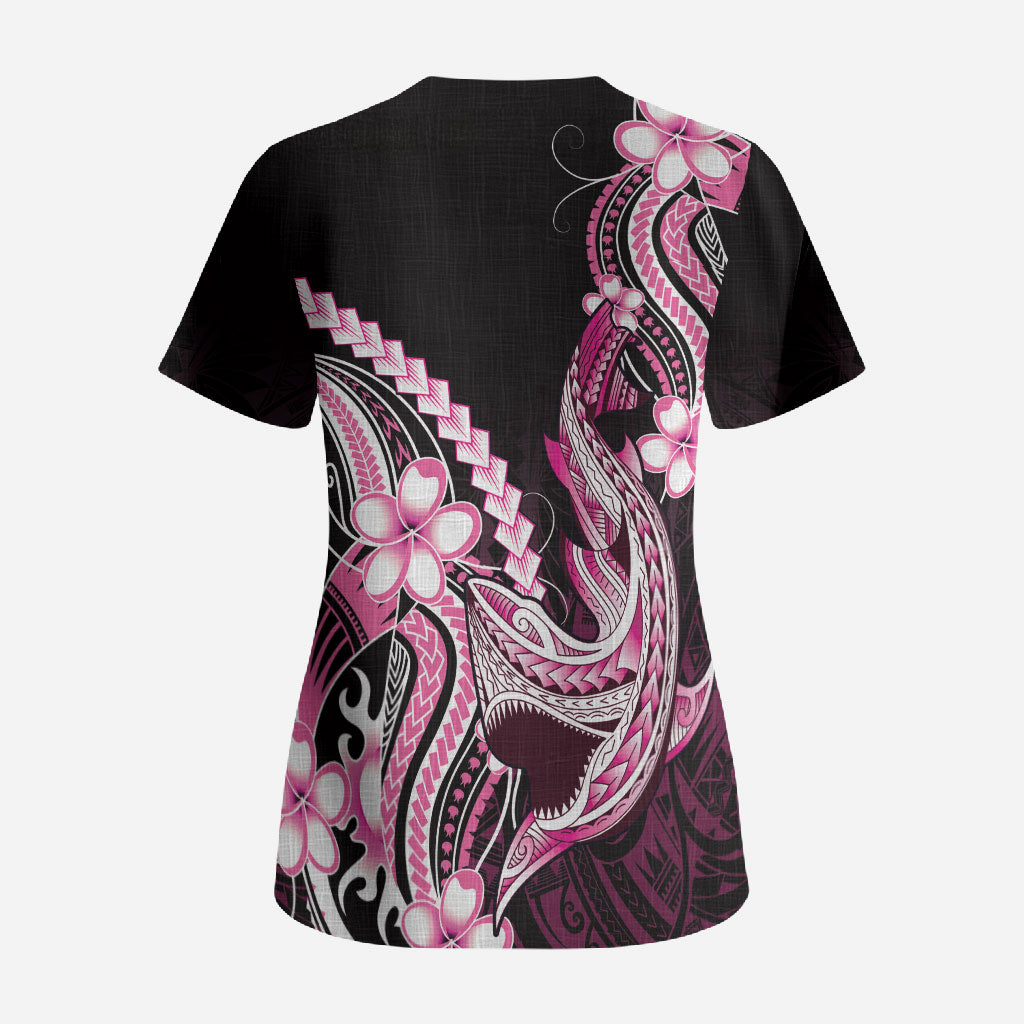 Pink Black Aloha Hawaii Scrub Top Polynesian Shark Tattoo Plumeria