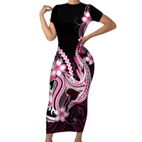 Pink Black Aloha Hawaii Short Sleeve Bodycon Dress Polynesian Shark Tattoo Plumeria LT14 Long Dress Pink - Polynesian Pride