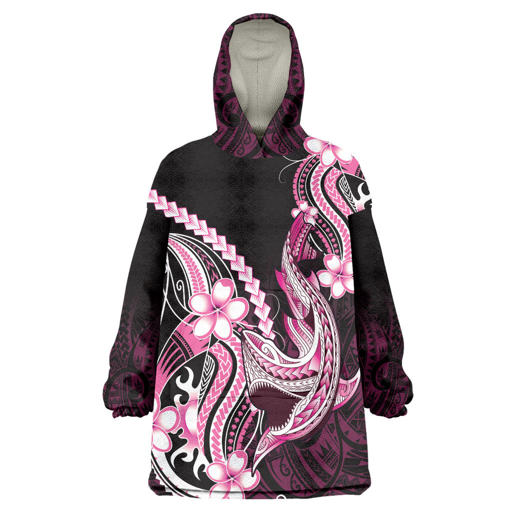 Pink Black Aloha Hawaii Wearable Blanket Hoodie Polynesian Shark Tattoo Plumeria LT14 One Size Pink - Polynesian Pride