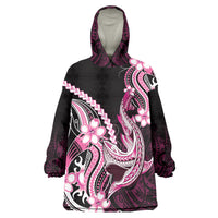 Pink Black Aloha Hawaii Wearable Blanket Hoodie Polynesian Shark Tattoo Plumeria LT14 One Size Pink - Polynesian Pride