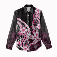 Pink Black Aloha Hawaii Women Casual Shirt Polynesian Shark Tattoo Plumeria LT14 - Polynesian Pride