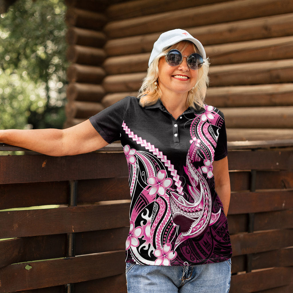 Pink Black Aloha Hawaii Women Polo Shirt Polynesian Shark Tattoo Plumeria LT14 - Polynesian Pride