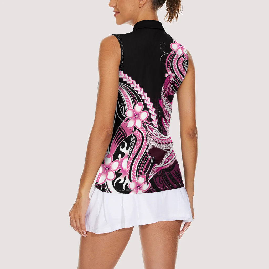 Pink Black Aloha Hawaii Women Sleeveless Polo Shirt Polynesian Shark Tattoo Plumeria LT14 - Polynesian Pride