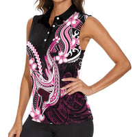Pink Black Aloha Hawaii Women Sleeveless Polo Shirt Polynesian Shark Tattoo Plumeria LT14 - Polynesian Pride