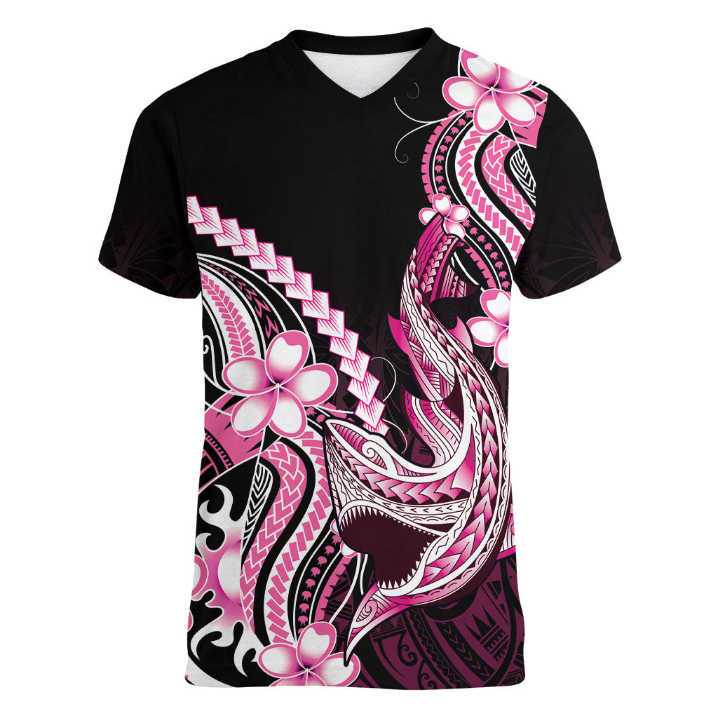 Pink Black Aloha Hawaii Women V-Neck T-Shirt Polynesian Shark Tattoo Plumeria LT14 Female Pink - Polynesian Pride