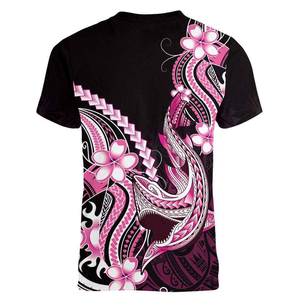 Pink Black Aloha Hawaii Women V-Neck T-Shirt Polynesian Shark Tattoo Plumeria LT14 - Polynesian Pride