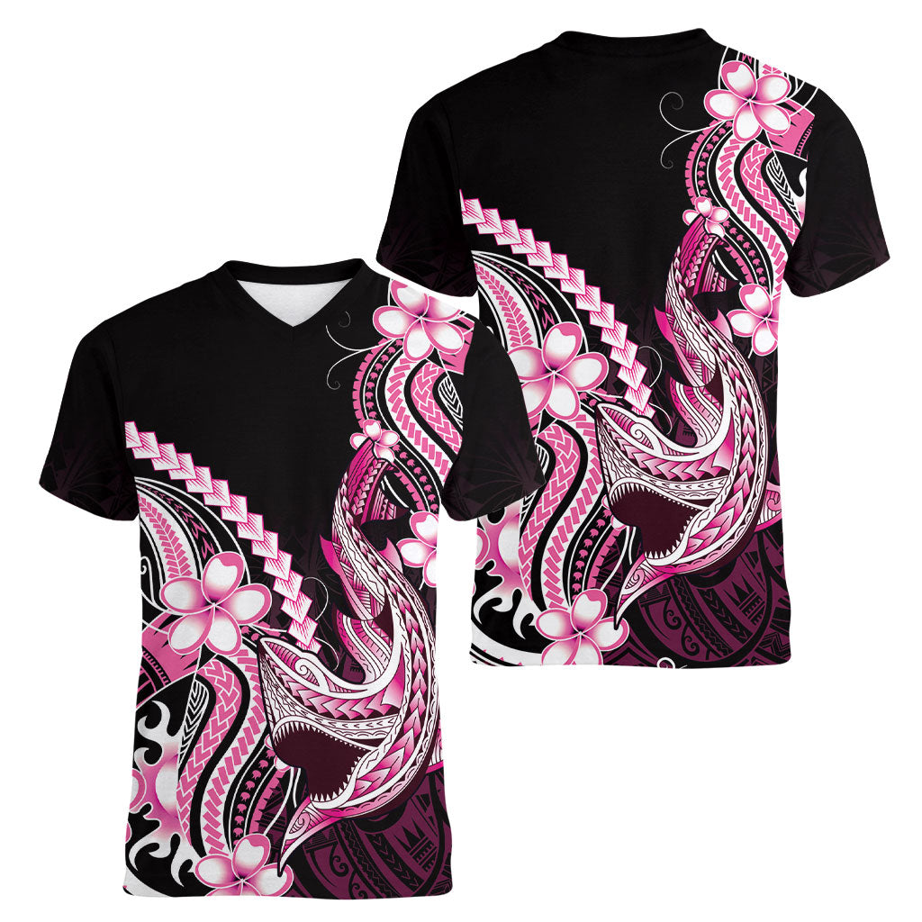 Pink Black Aloha Hawaii Women V-Neck T-Shirt Polynesian Shark Tattoo Plumeria LT14 - Polynesian Pride