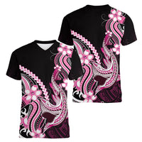 Pink Black Aloha Hawaii Women V-Neck T-Shirt Polynesian Shark Tattoo Plumeria LT14 - Polynesian Pride