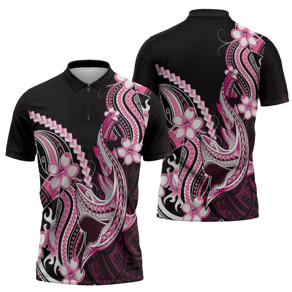 Pink Black Aloha Hawaii Zipper Polo Shirt Polynesian Shark Tattoo Plumeria LT14 - Polynesian Pride