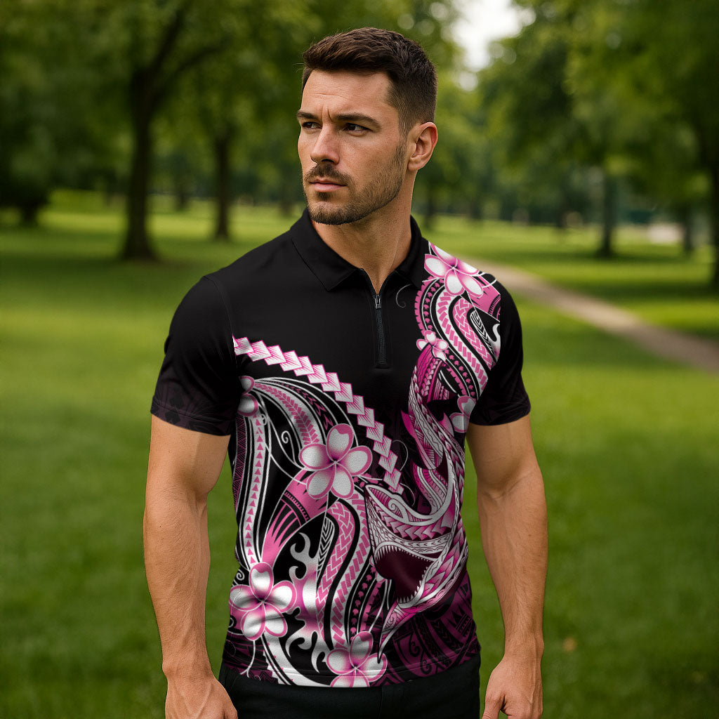 Pink Black Aloha Hawaii Zipper Polo Shirt Polynesian Shark Tattoo Plumeria LT14 - Polynesian Pride