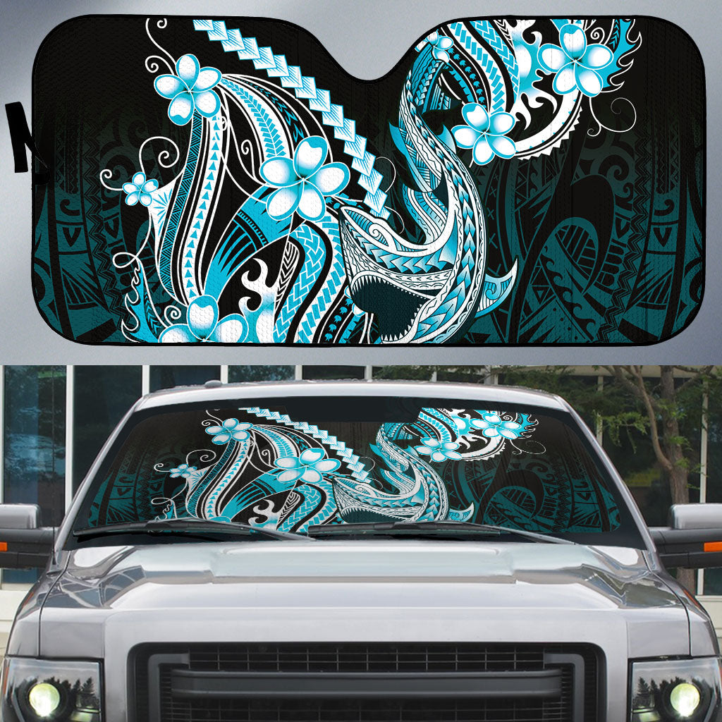 Blue Black Aloha Hawaii Auto Sun Shade Polynesian Shark Tattoo Plumeria