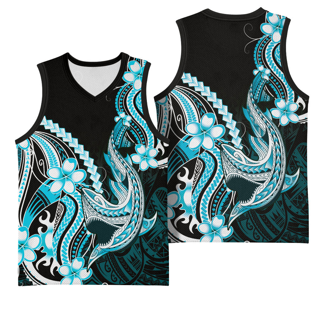 Blue Black Aloha Hawaii Basketball Jersey Polynesian Shark Tattoo Plumeria