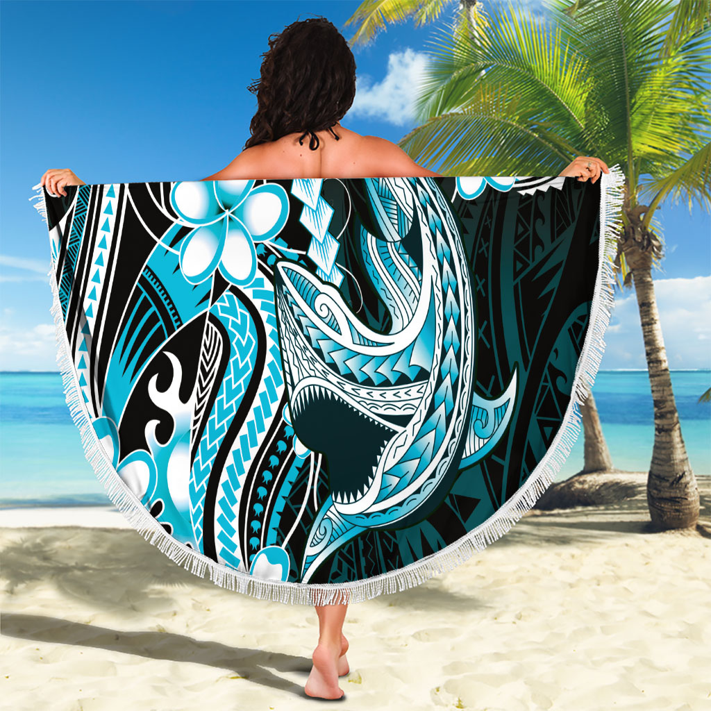 Blue Black Aloha Hawaii Beach Blanket Polynesian Shark Tattoo Plumeria