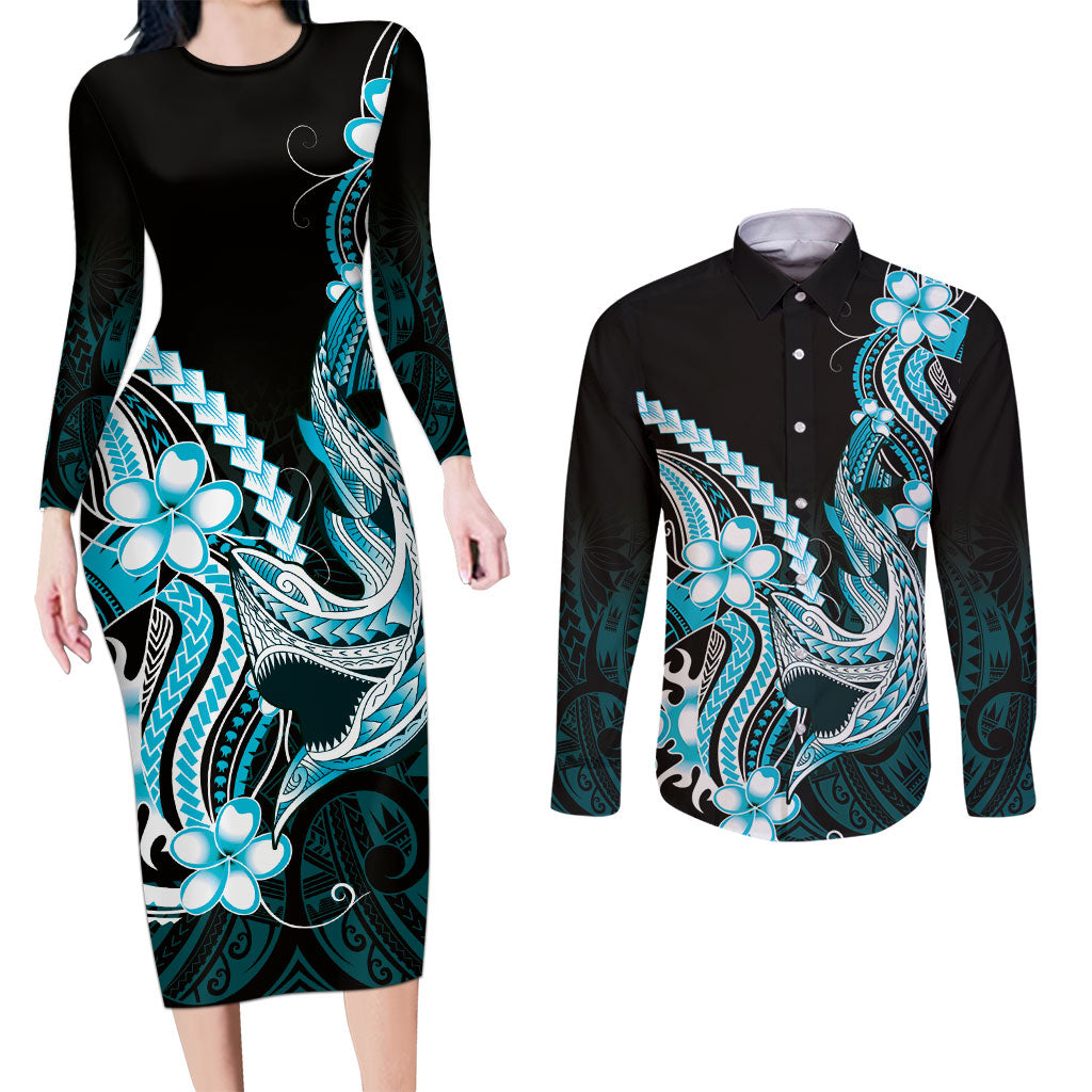 Blue Black Aloha Hawaii Couples Matching Long Sleeve Bodycon Dress and Long Sleeve Button Shirt Polynesian Shark Tattoo Plumeria LT14 Blue - Polynesian Pride