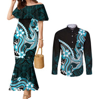 Blue Black Aloha Hawaii Couples Matching Mermaid Dress and Long Sleeve Button Shirt Polynesian Shark Tattoo Plumeria LT14 Blue - Polynesian Pride