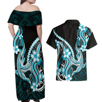 Blue Black Aloha Hawaii Couples Matching Off Shoulder Maxi Dress and Hawaiian Shirt Polynesian Shark Tattoo Plumeria LT14 - Polynesian Pride