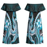 Blue Black Aloha Hawaii Couples Matching Off Shoulder Maxi Dress and Hawaiian Shirt Polynesian Shark Tattoo Plumeria LT14 - Polynesian Pride