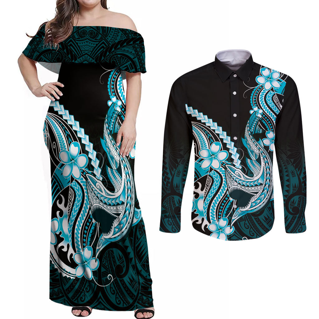 Blue Black Aloha Hawaii Couples Matching Off Shoulder Maxi Dress and Long Sleeve Button Shirt Polynesian Shark Tattoo Plumeria LT14 Blue - Polynesian Pride
