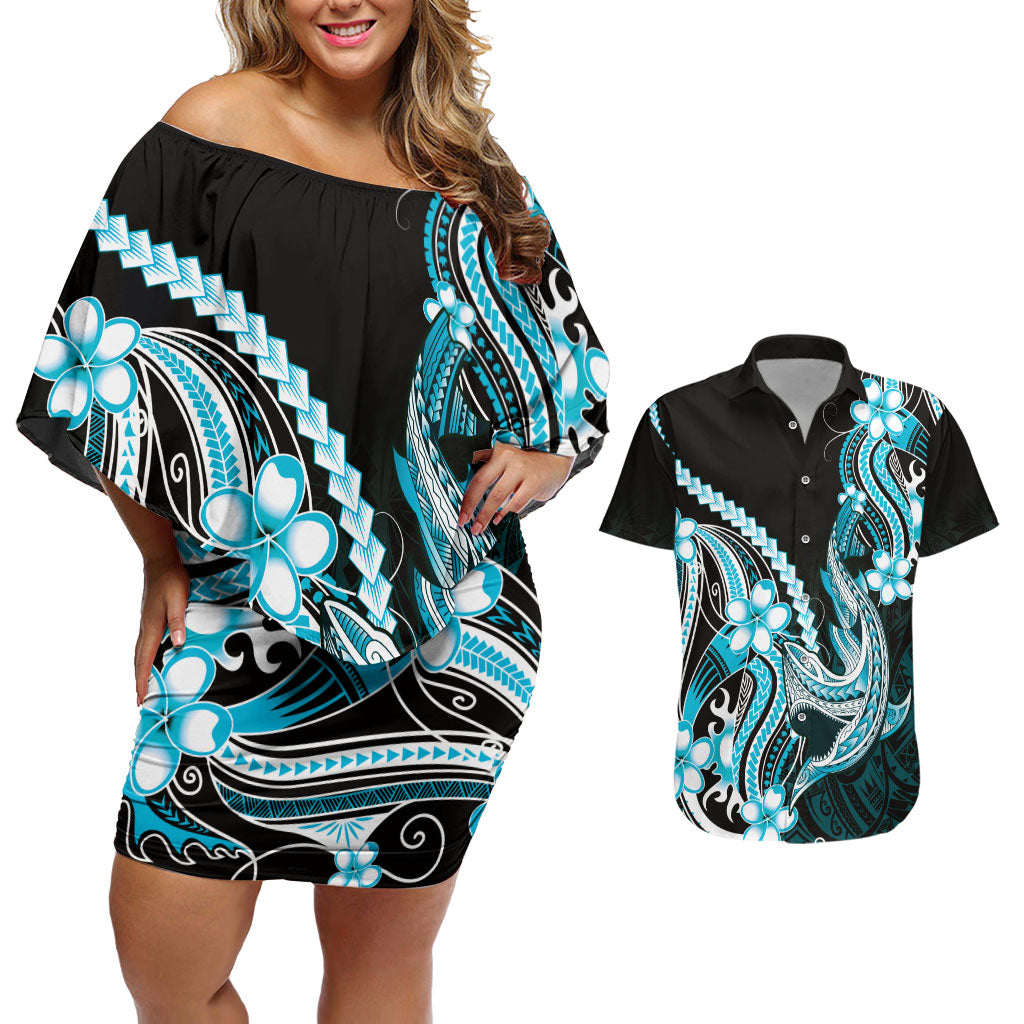 Blue Black Aloha Hawaii Couples Matching Off Shoulder Short Dress and Hawaiian Shirt Polynesian Shark Tattoo Plumeria LT14 Blue - Polynesian Pride