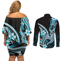 Blue Black Aloha Hawaii Couples Matching Off Shoulder Short Dress and Long Sleeve Button Shirt Polynesian Shark Tattoo Plumeria LT14 - Polynesian Pride