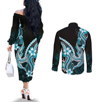 Blue Black Aloha Hawaii Couples Matching Off The Shoulder Long Sleeve Dress and Long Sleeve Button Shirt Polynesian Shark Tattoo Plumeria LT14 - Polynesian Pride