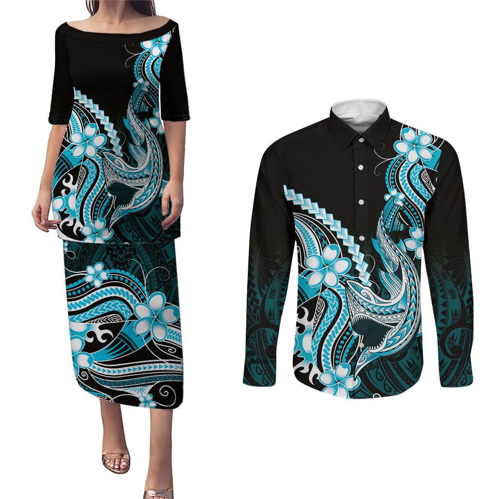 Blue Black Aloha Hawaii Couples Matching Puletasi and Long Sleeve Button Shirt Polynesian Shark Tattoo Plumeria LT14 Blue - Polynesian Pride