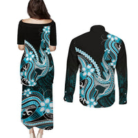 Blue Black Aloha Hawaii Couples Matching Puletasi and Long Sleeve Button Shirt Polynesian Shark Tattoo Plumeria LT14 - Polynesian Pride
